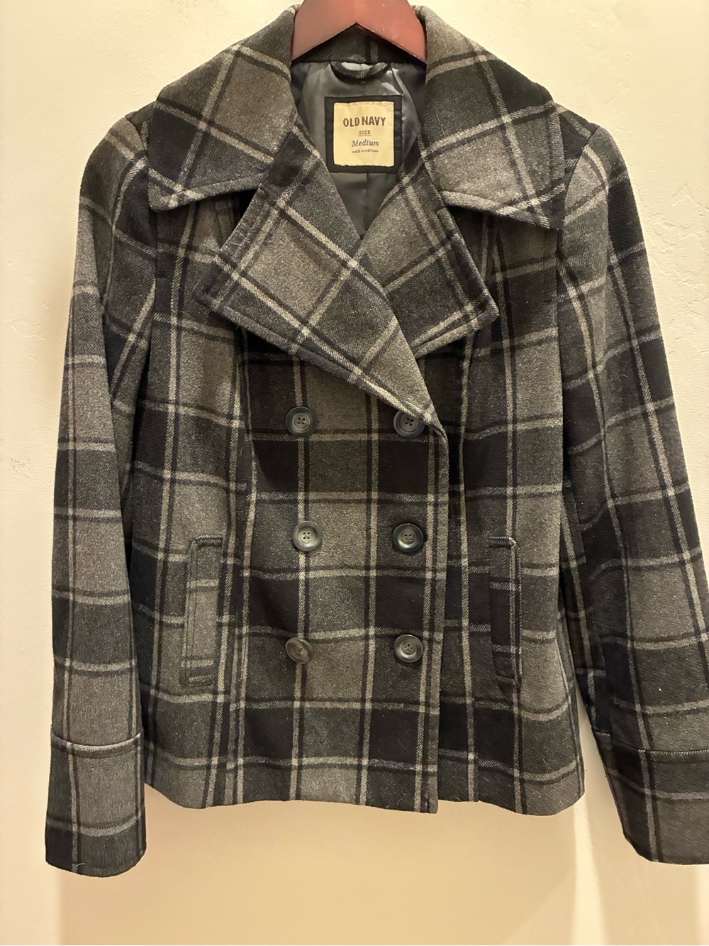 Old Navy Wool Blend Women's Gray Plaid Peacoat Jacket Sz M